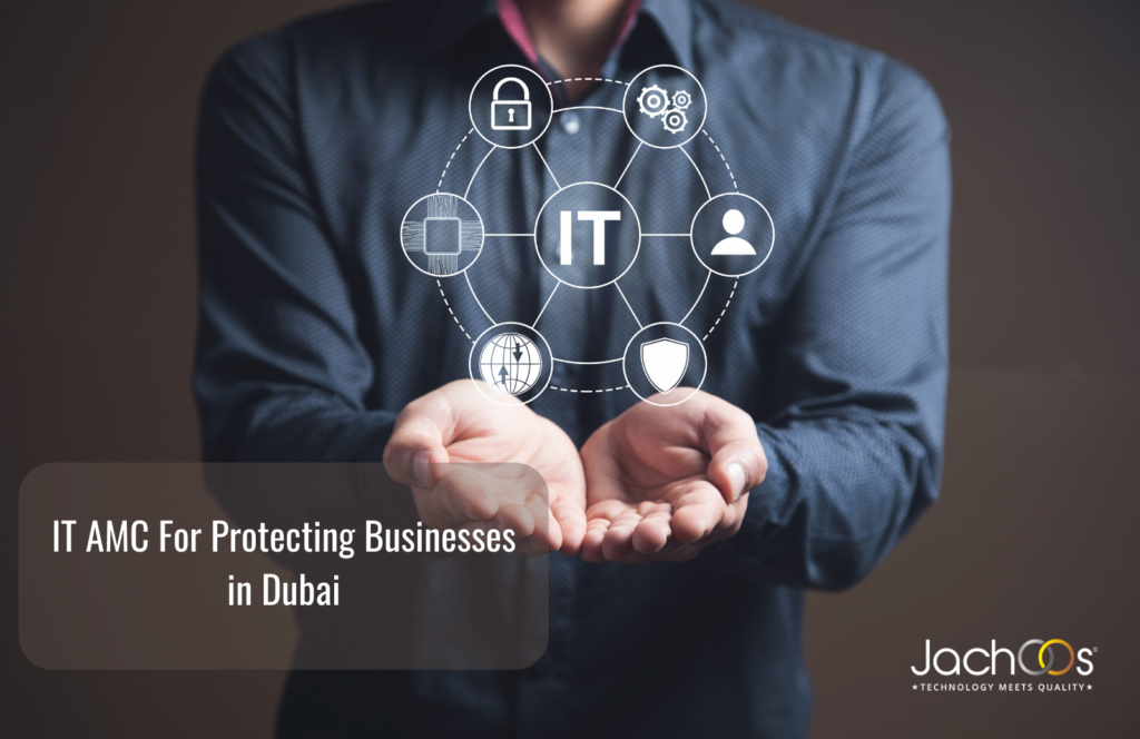 IT technology icons in a circle. Man holding in his hand